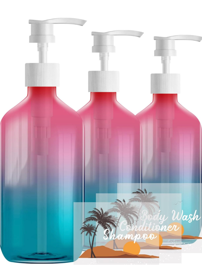 500ml Refillable Plastic Bottles with Pump Dispenser – 3 Pack Gradient Containers, BPA/Paraben-Free, Ideal for Travel Toiletries, Includes Labels