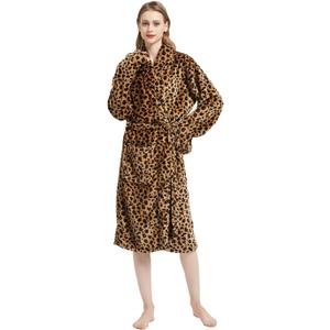 MERRYLIFE Women Bathrobes Lounger Long Nightgown Adjustable Waist Belt Luxury Petite Robes (Medium-Large, Cheetah)
