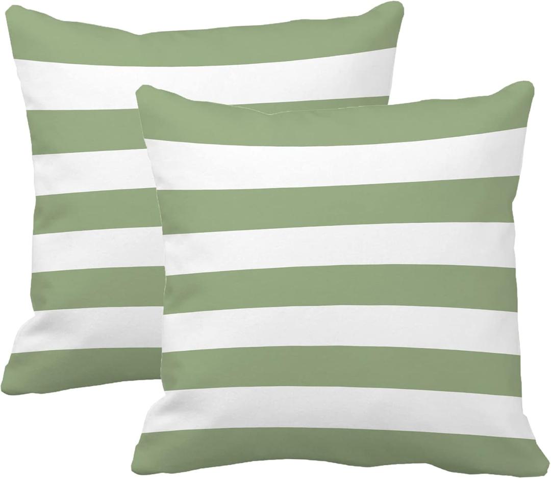 Leaveland Sage Green and White Stripe Set of 2 18x18 Inch Cotton Polyester Square Throw Pillow Cover Decorative Soft Cushion Case Slipcover Home Decor Bed Couch Sofa Standard Size Accent Pillowcase