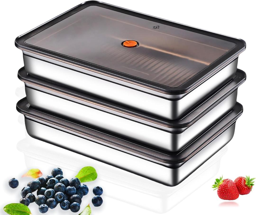 Stainless Steel Food Storage Containers, Silver, Airtight with Vacuum Seal, Stackable Rectangular, 3-Piece Set, BPA-Free Lids, for Meal Prep and Leftovers Storage(Shallow- 1.9'' Height)