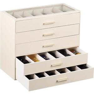 AUTORK PU Leather Sunglasses Organizer Case with Lock,5-Layer 30-Slot Eyeglass Display Box with Drawer,Glass Top Jewelry Storage Holder for Men Women,Ideal Gift for Desktop,Beige,MKAWD02