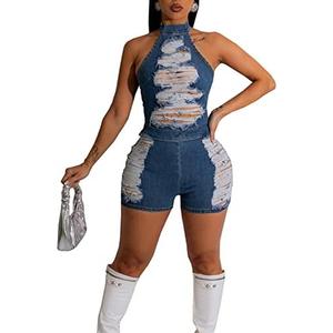 Novaorily Womens 2023 Summer Fashion Backless Denim jumpsuit Ripped Jean Romper High Waist Casual Overalls Size L