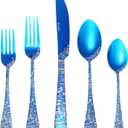 Wave Cutlery Set 20 Pieces Stainless Steel Flatware Set Service for 4 Utensils For Home Kitchen Wedding Laser Engraved Dishwasher Safe (All Blue)