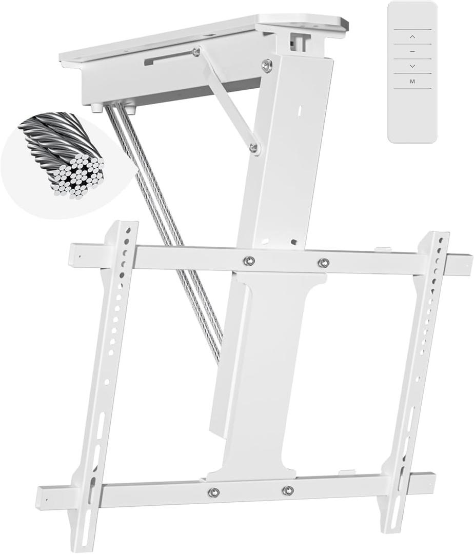 XINYAO Electric Ceiling TV Mount with Remote, Motorized Ceiling Mount TV Bracket Flip Down for 32 to 70 inch Flat Curved Screen Mount Drop Down for Flat Pitched Roof Indoor Outdoor (White)