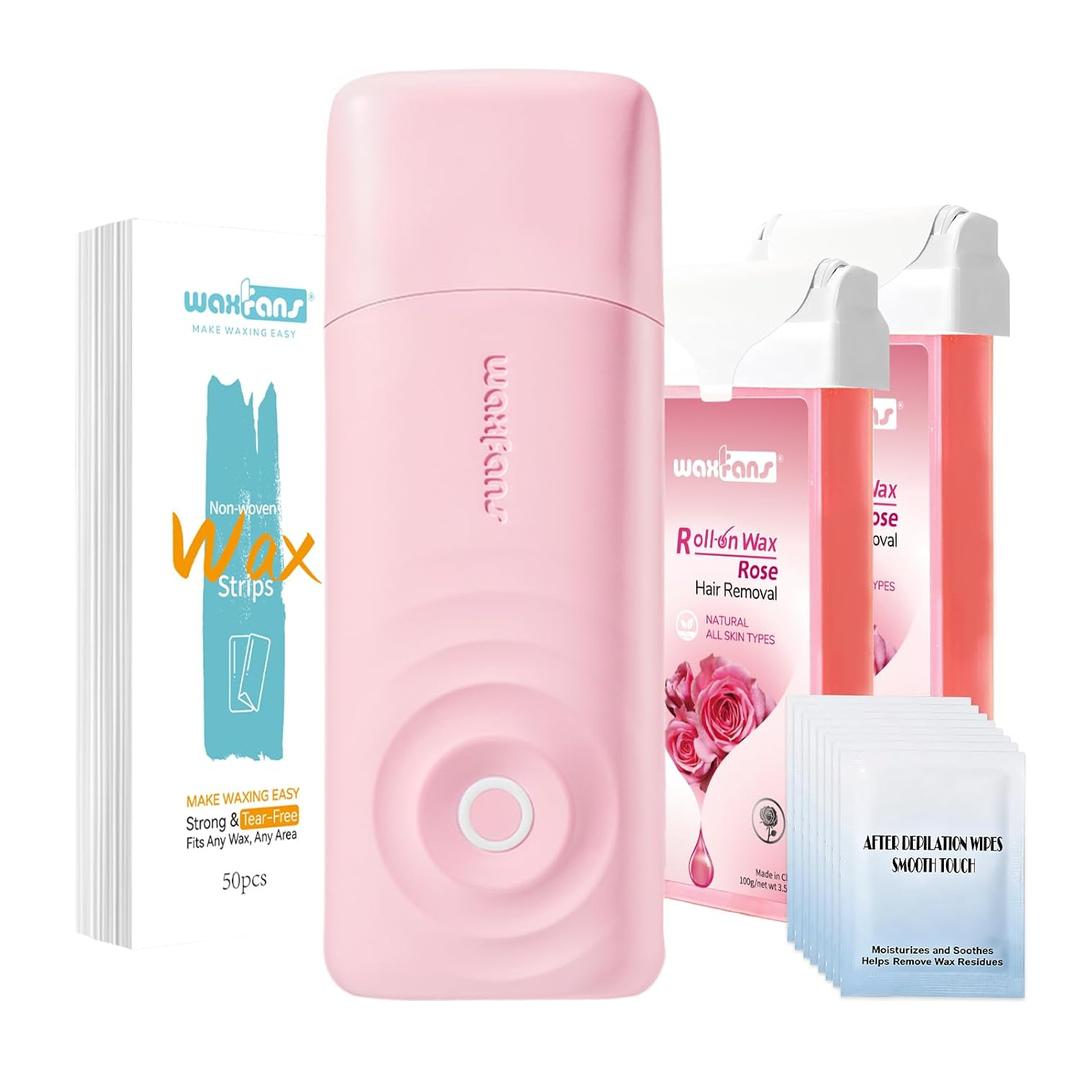 Waxfans Roll On Wax Kit, Wax Roller Kit, Waxing Kit for Women & Men, at Home Hair Removal on Body and Legs, with 2 Rose Wax Refills & 50 Pcs Wax Strips, Easy & Smooth（Rose&Rose）