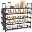 5 Tier Shoe Rack, Shoe Organizer Storage for 20-25 Pair Boot and Sneaker, Stackable Free Standing Shoe Shelf with Hooks and Side Pocket, Space Saving Shoes Rack for Closet, Entryway (Black)