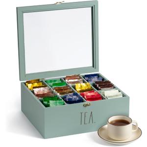 Rae Dunn Tea Bag Organizer - Tea Box Divided Storage Container Box with Hinge Lid for Kitchen Cabinet, Countertop, Pantry, Hold Coffee Pods, Seasoning Packets, Condiments, Sage