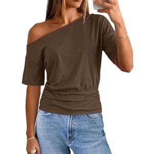MEROKEETY Women's Off The Shoulder Short Sleeve Tops 2026 Summer Casual Going Out Trendy Y2k T Shirts (Medium, Brown)