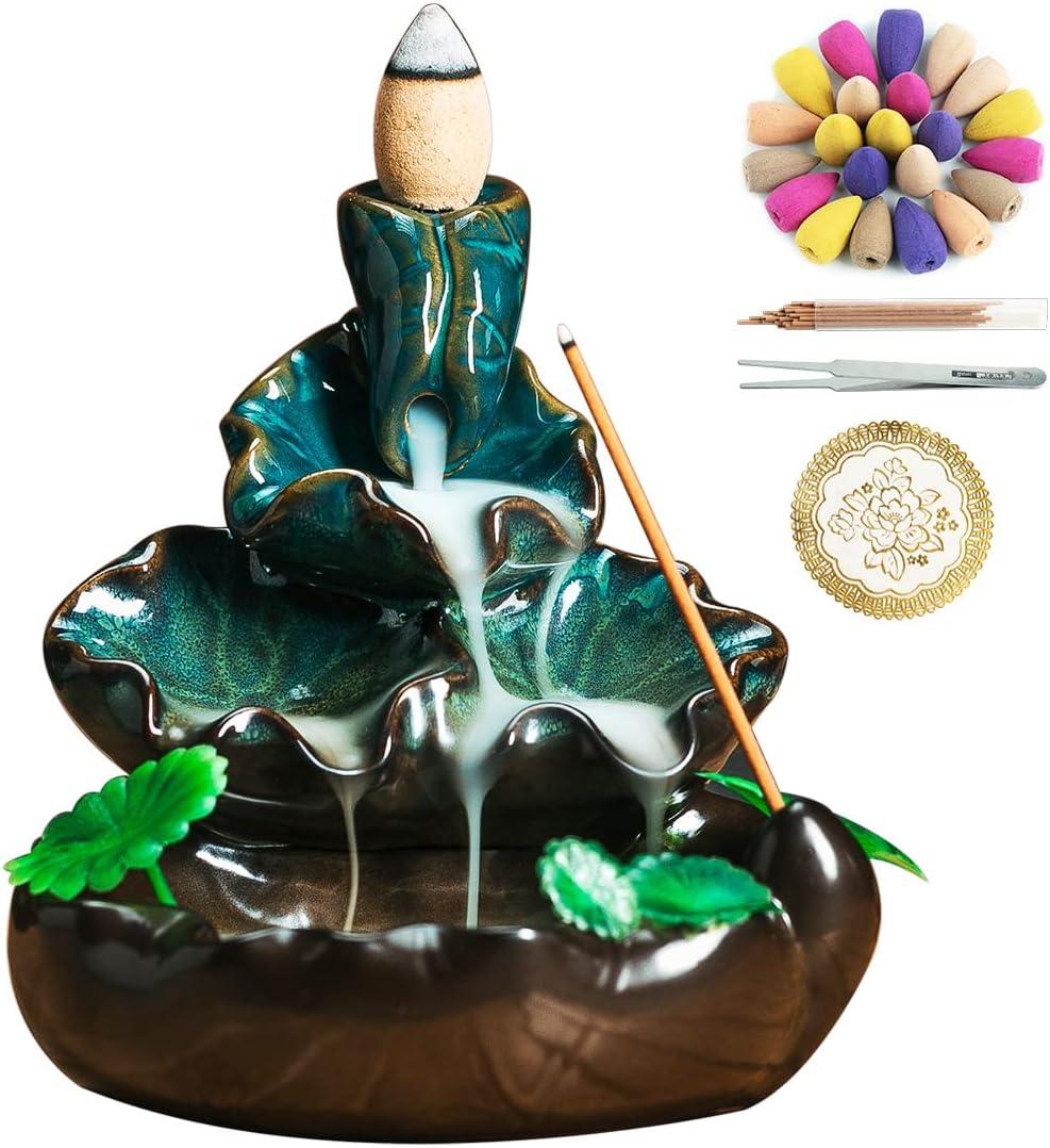 Cute Ceramic Backflow Incense Holder Waterfall Incense Burner with 48 Incense Cones and 30 Incense Stick, Incense Fountain for Home Decor, Desk Decor(Cyan)