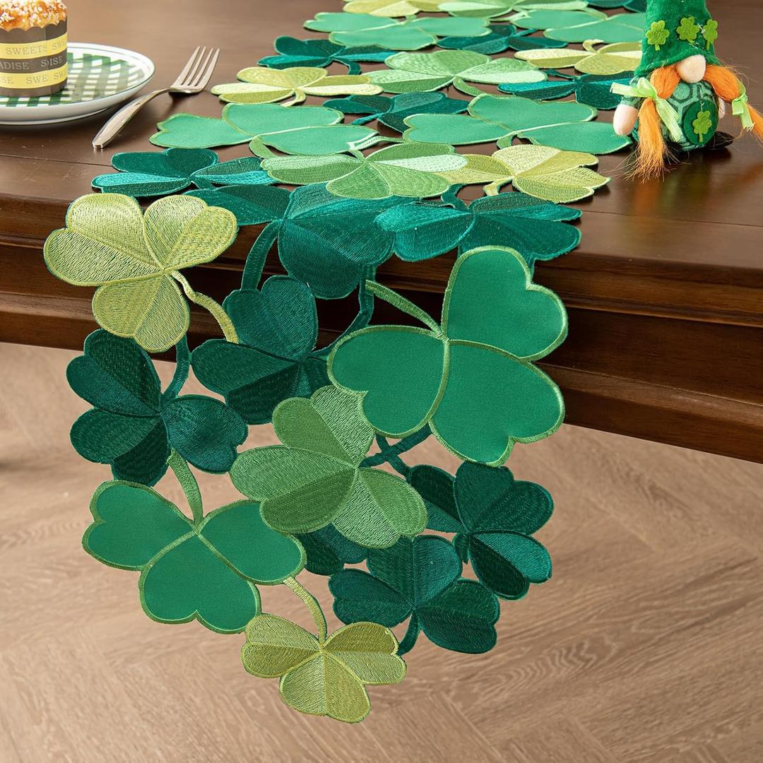 Joyfol Day St. Patricks Day Table Runner, Embroidered Irish Clover Dresser Scarf, Spring Green Shamrock Table Runners for Home Kitchen Dining Party Tabletop Decoration (14 x 33 Inch, Clover)