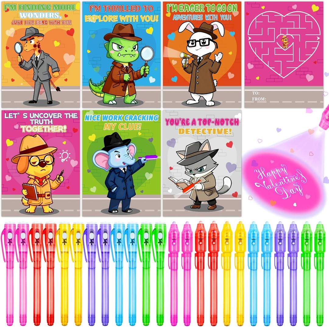 24 Pack Valentines Day Cards for Kids Classroom with Valentine Pens Valentines Magic Spy Pen Gifts for Classroom Exchange Rewards Party Favors Prizes