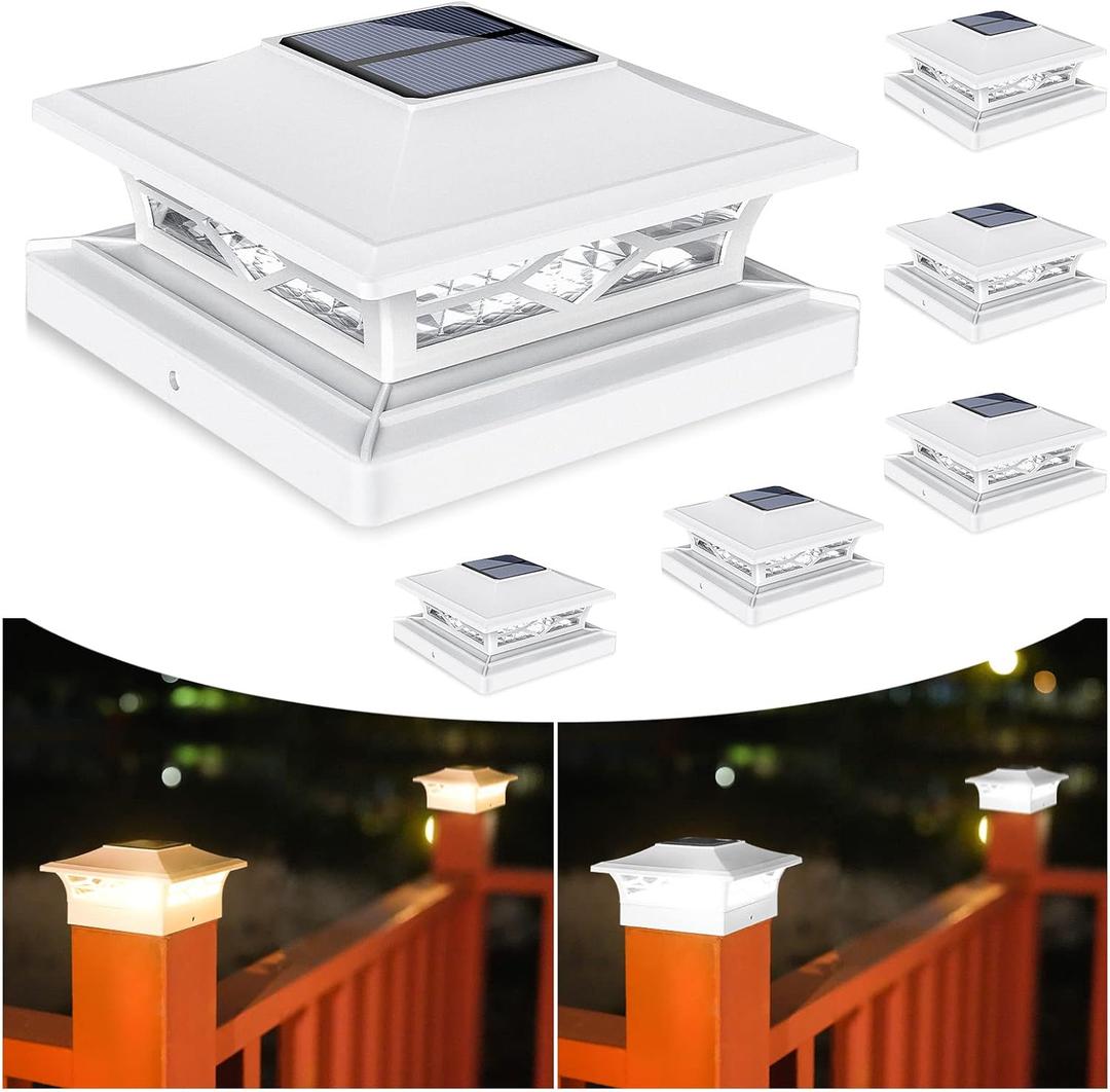 VOLISUN Solar Post Cap Lights: 6 - Pack Outdoor Deck Post Cap Lights White for Dock Fence Waterproof 2 Color Modes,4x4/6x6 Wooden/Vinyl Posts
