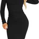 Kaximil Women's Ribbed Basic Casual Midi Dress Long Sleeve Bodycon Ruched Club Dresses, Medium, Black