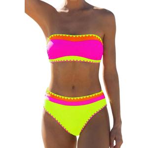 Sexybody Women's Bandeau Bikini Strapless Bikini Neon Color Block Two Piece Whip Stitch Trim Bathing Suits (Large, 193 Hot Pink+ Neon Yellow)