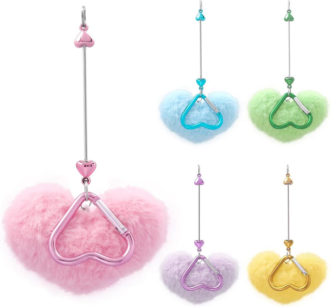 5PCS Beadable Heart Keychain Bars with Faux Fur Pom Pom, Fluffy Heart Pendant Metal Beadable Keychain Making Kit for Valentine's Day DIY Crafts, Women Bag Charm Accessory, 5colors