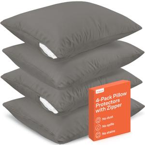 Ultra Soft Pillow Protectors with Zipper Standard Size - Set of 4 Breathable Pillow Covers - 100% Protection Against Stains, Dust & Dirt - Machine Washable (Gray)