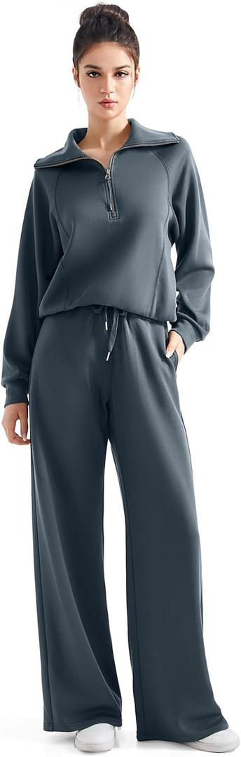 SUUKSESS Women 2 Piece Lounge Matching Set Wide Leg Sweatpant Half Zip Sweatshirt (Small, Dark Storm)
