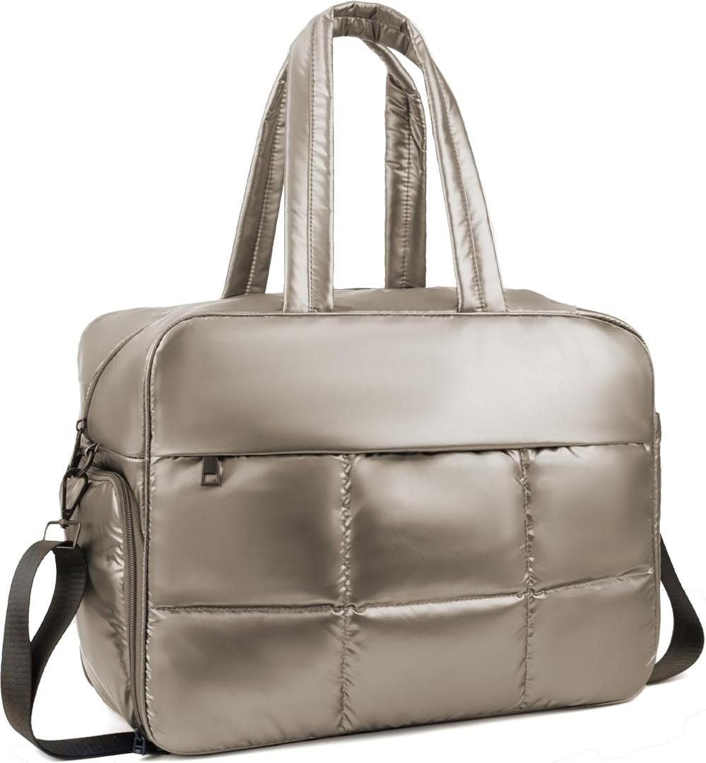 Weekender Fluffy Bag Quilted Nylon Puffer Tote Bag Personal Item Bag for Airlines Overnight Bag Gym Bag (Champagne)
