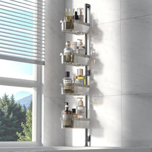 Corner Shower Caddy Tension Pole, 4-Tier Adjustable Rustproof Inside Shower Organizer, Quick Installation Adhesive Bathroom Shower Shelves, No Drilling Shelves for Bathroom Storage
