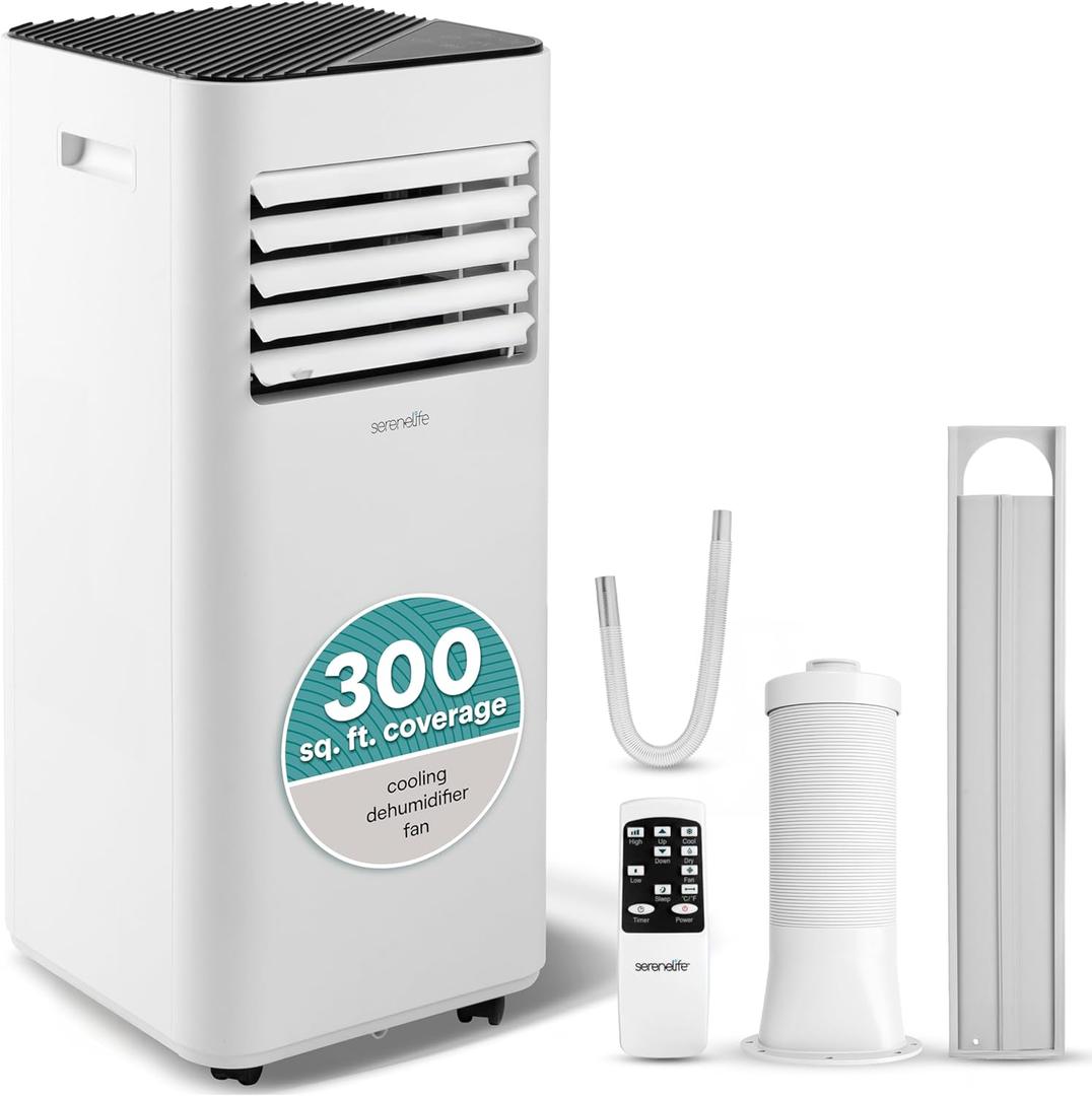 SereneLife Portable Conditioner, 8000 BTU 3-in-1 Compact Standing Air Conditioner for Rooms Up to 300 Sq. Ft., Energy Efficient Floor AC Unit with Remote Control, Universal Casters, Window Mount Kit (White)
