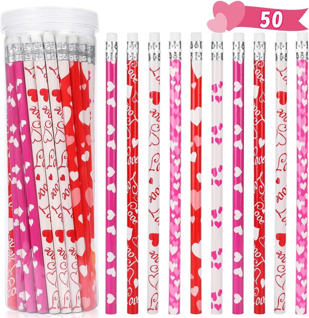 HINZER 50Pcs Valentines Day Pencils for Kids Party Favors Valentines Wood Pencils Bulk with Erasers for Goodie Bags Fillers Valentine's Day Exchange Gifts Giveaways Classroom Rewards School Supplies