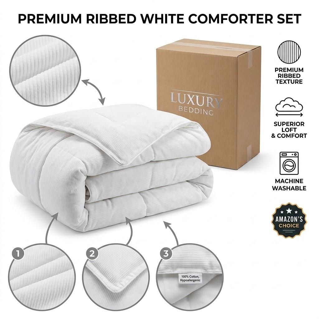 White Ribbed Comforter Set Queen – Soft Corduroy Textured Bedding Set with Pillow Shams, All-Season Lightweight Fluffy Down Alternative Comforter