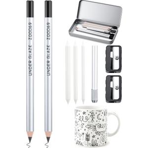 9 Pcs Underglaze Pencil Kits 2 Pcs Black Underglaze Pottery Pen for Ceramics with Blending Stump Pencil Extenders Sharpener Pen Case for Decorating Under Ceramic Pottery Bisque Ware