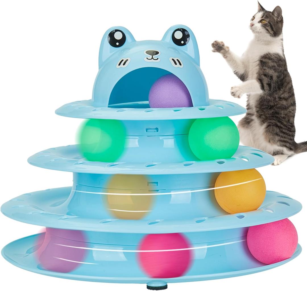 Gefryco Cat Toys 4-Tier Roller Track, Turntable Cat Tower Toy with Colorful Chase Balls, Multi-Level Interactive Cat Toys for Bored Indoor Adult Cats, Fun Puzzle Kitten Exercise Toys Self Play (Blue)
