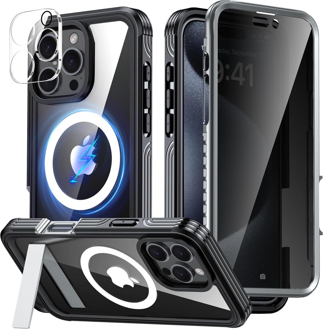 360 Protection Magnetic for iPhone 16 Pro Case Built-in 9H Privacy Screen Protector & Metal Stand[Fit for Magsafe][Anti-Spy][Lens Protector] Heavy Duty Shockproof Phone Case for iPhone 16 Pro