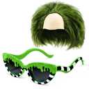 Geiserailie 2 Pcs Halloween Juice Costumes Accessories Sandworm White and Black Striped Sunglasses Clown Green Short Curly Wig for Adults Men Women Halloween Sandworm Cosplay Movie Costume Accessories