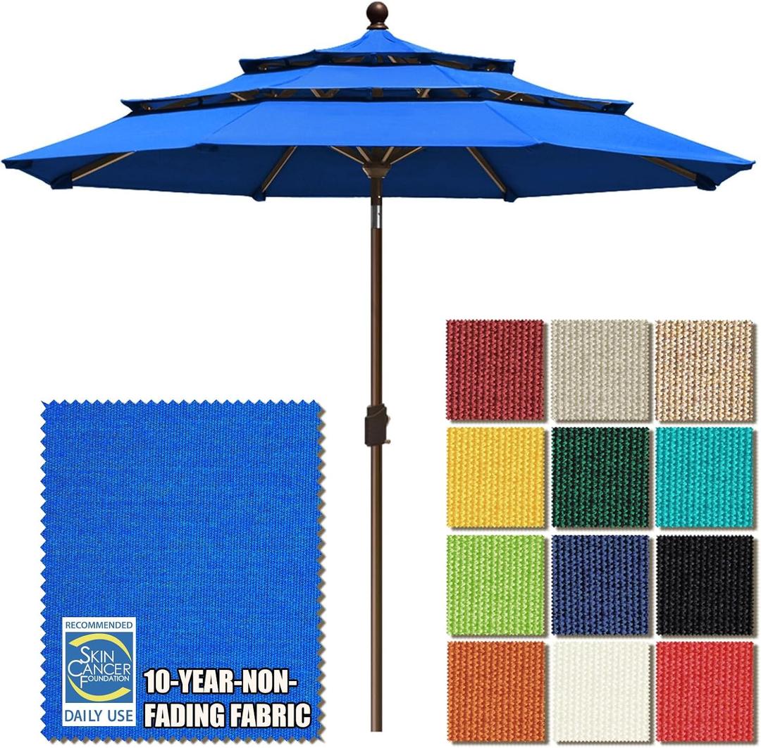 EliteShade USA 10-Year-Non-Fading 9ft 3-Tier Market Patio Umbrella, Commercial Grade Outdoor Table Umbrella with Crank Open, Windproof & UPF 50+ UV Protection, Heavy Duty Ventilation for Garden, Deck, Pool, Backyard, Beach & Bistro, Royal Blue
