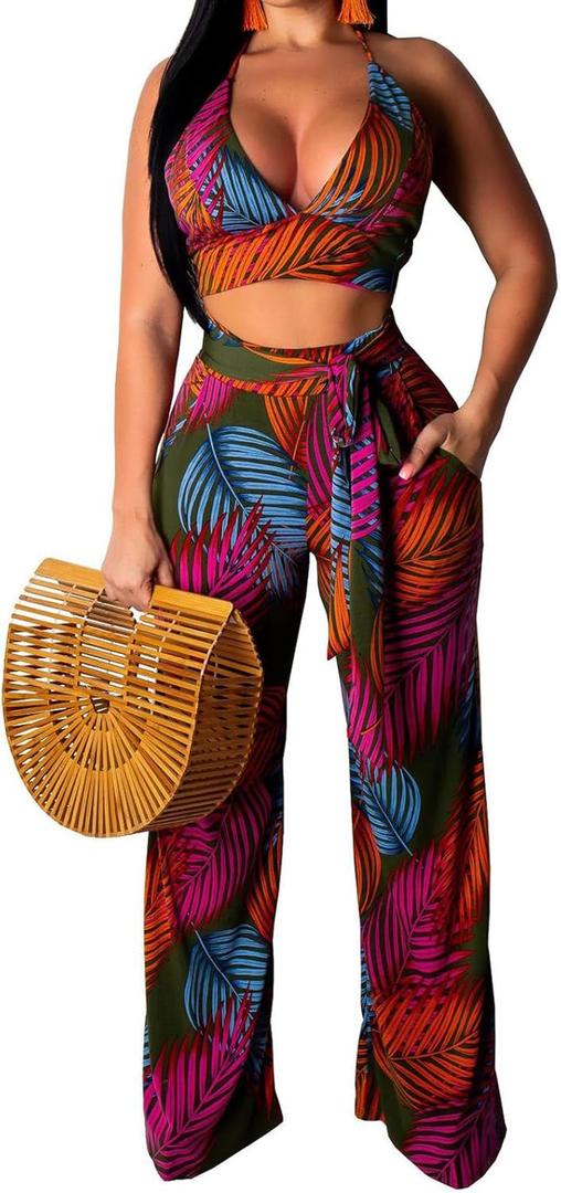 Elegant Two Piece Sets for Women Sexy Printing Halter Bandage Top Long Straight Pants Vacation Outfits Beach, size XL Elegant Two Piece Sets for Women Sexy Printing Halter Bandage Top Long Straight Pants Vacation Outfits Beach, size XL