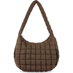 izuzta Quilted Puffer Tote Bag Large Puffy Crossbody Shoulder Bag, Lightweight Soft Nylon Quilted Oversized Padding Hobo Tote Bag Handbags Puff Purse Carryall Gym Bag Trendy Tote for Women(Brown)