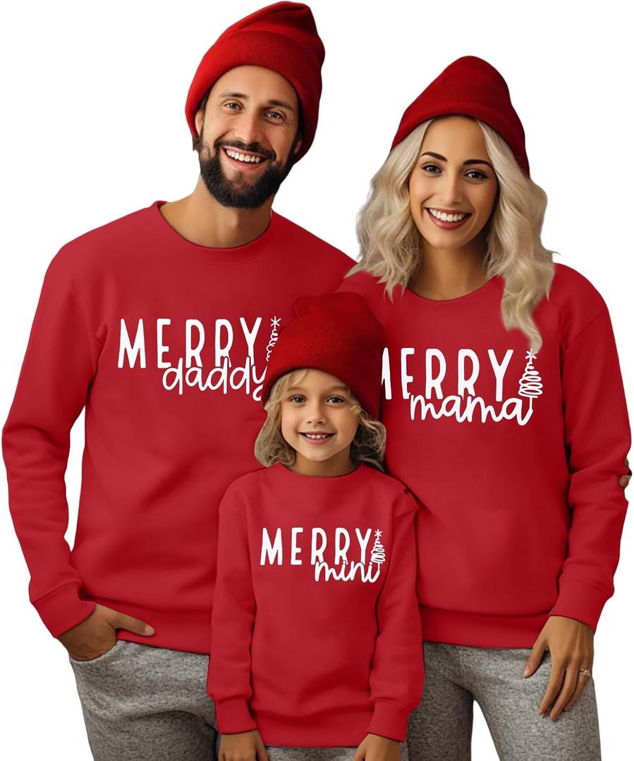 BANGELY Christmas Kid Outfit Mini Letter Print Sweatshirt Xmas Tree Holiday Long Sleeve Top, Red, 3T–4T