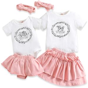 AMAWMW Big Sister Little Sister Matching Outfits Toddler Baby Girl Summer Clothes Short Sleeve Romper Ruffle Skirt 3PC Set (3-6 Months, Pink)