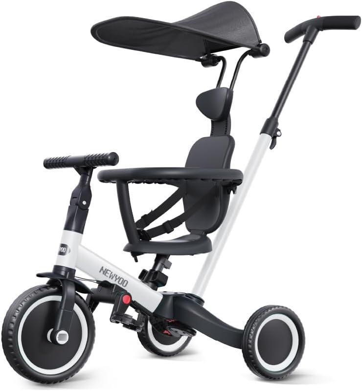newyoo Tricycle for Toddlers 1-3, Toddler Bike, Toddler Tricycle with Push Handle and Canopy, Birthday Gift and Toys for Girl and Boy, 6 in 1 Baby Trike, Balance Bike, TR009, White, Large