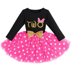 Baby Girl 1st 2nd 3rd Birthday Outfit Mouse Dress Polka Dots Tutu Skirt Cake Smash Long Sleeve Clothes for Photo Shoot (2T, Black + Rose - Two)