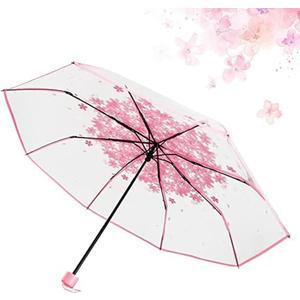 Three Fold Umbrella Women Transparent Clear Cherry Blossom Mushroom Sakura Folding Sunshade Rain Umbrellas