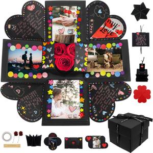 Explosion Box Gifts,Surprise Creative DIY Photo,Exploding Love Box,Love Memory Photo Box with 4 Faces for Anniversary,Birthday,Valentine's Day and Wedding(Black) Square (Black 2)