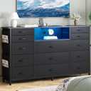 HCHQHS Dresser for Bedroom with 13 Drawers, 47 Inch Fabric Dresser with Remote Control Lights, Side Pockets & Hooks for Closet or Large TV Stand (Black), 47"D x 11.8"W x 35.4"H
