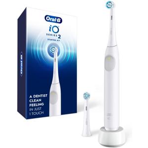 Oral-B Rechargeable Electric Toothbrush, iO2 Starter Kit, 3 Cleaning Modes, Automatic Pressure Sensor to Protect Gums, 2 Brush Heads, Pure White (1 Count (Pack of 1))