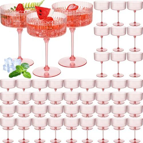 Jingmore 48 Pcs Ribbed Martini Glasses 10 oz Disposable Plastic Vintage Ribbed Coupe Glasses Unbreakable Dessert Parfait Glassware for Wedding Birthday Party Supplies (Pink)