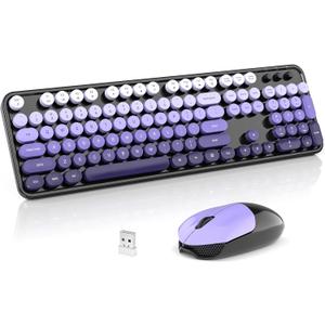Wireless Keyboard and Mouse Combo, 2.4GHz Retro Full-Size Typewriter Keyboard with Number Pad and Wireless Mouse for PC/Laptop/Desktop/Windows (Black Purple Colorful)