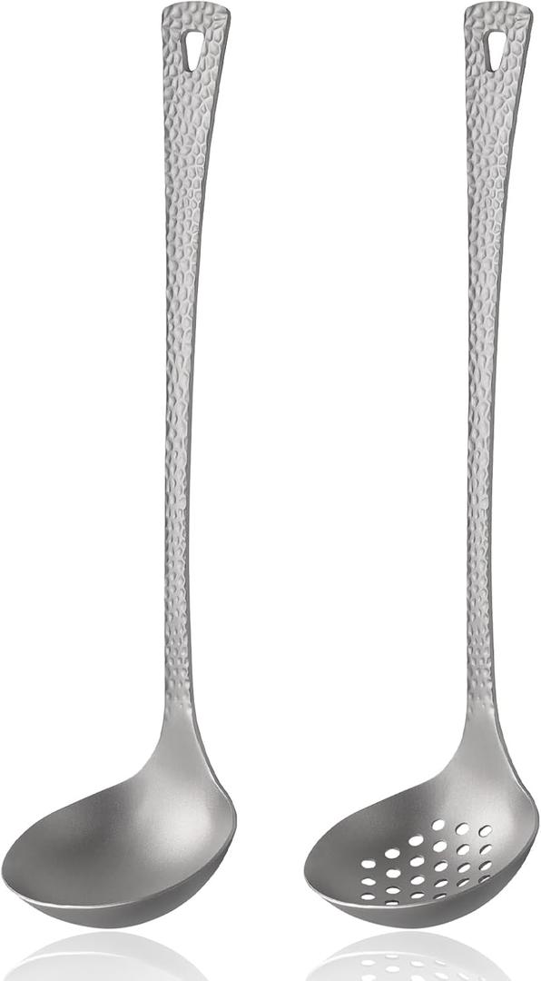 Titanium Soup Ladle Set, Reusable Metal Hot Pot Ladle with Slotted Spoon, Fish Scale Texture Design for Stirring & Serving Soup, 2-Piece Kitchen Utensils (10.4 Inch)