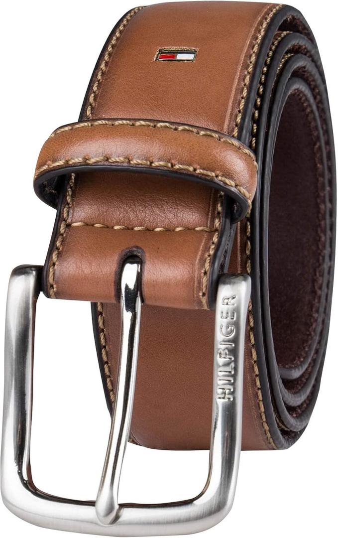 Tommy Hilfiger Men’s Semi‑Dress Leather Belt, Versatile Everyday Style (Regular & Big and Tall Sizes) (Brown)