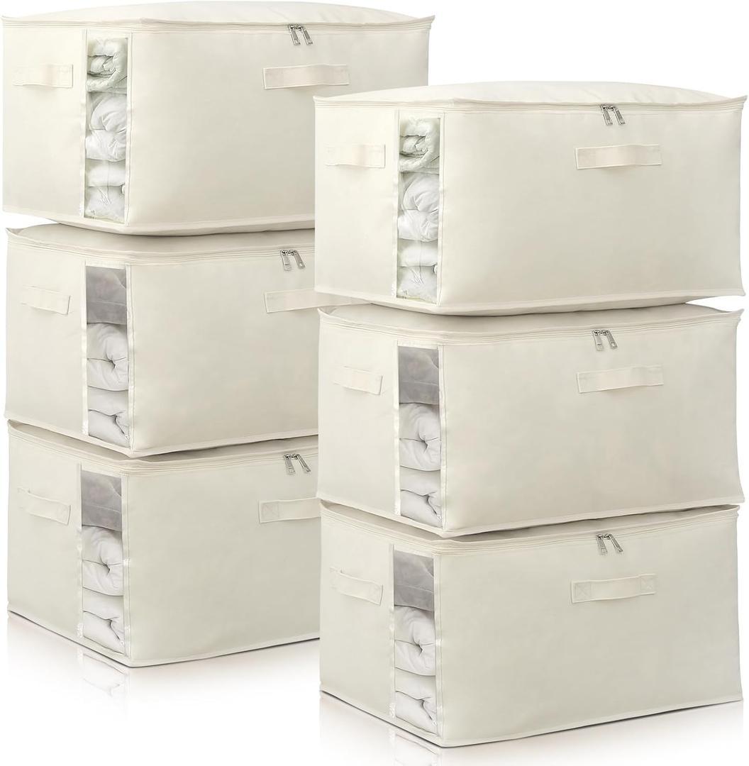 Canvas Comforters Bags Closet Organizers and Storage for Quilts Clothes Organization Containers Bins with Sturdy Zipper, Clear Window 75L for Sweaters Blankets Storage Bedroom Collapsible 6Pack (6Pack natural color)