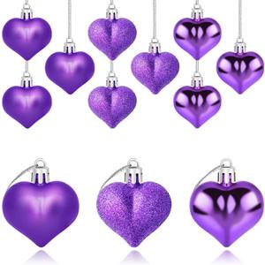 12 PCS Heart Ornaments 3 Different Finishes Heart Shaped Hanging Ornaments for Valentines Day Wedding Christmas Tree Mother's Day Anniversary Party Decoration (Purple)