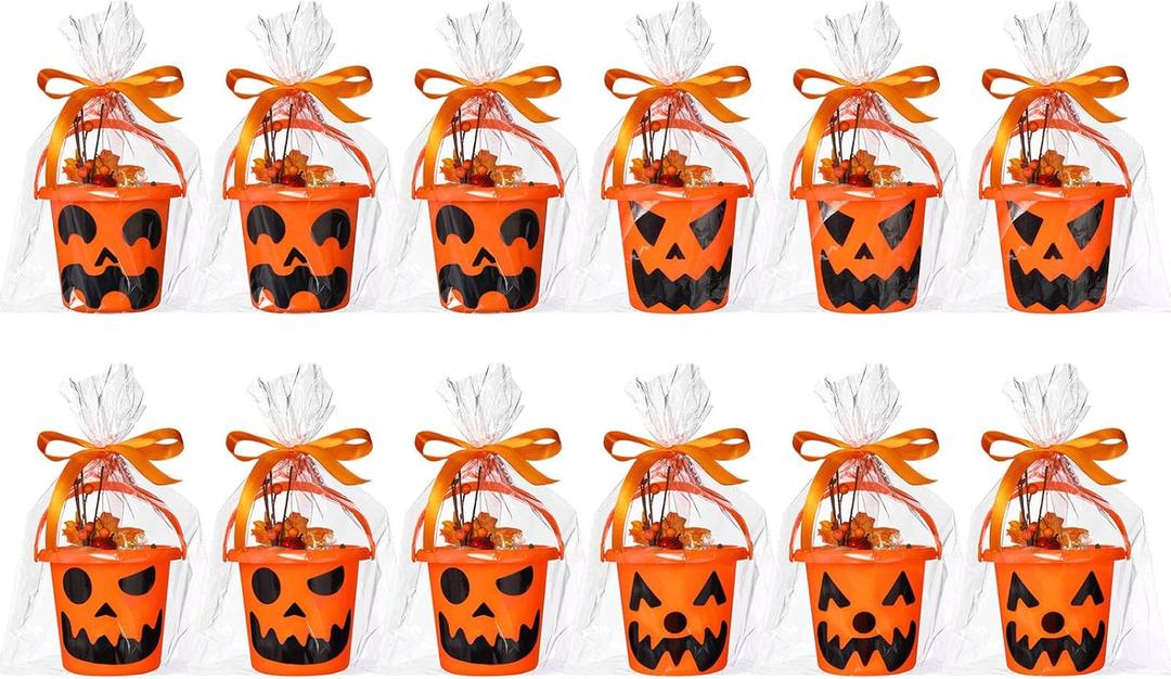 Tioncy 12 Pcs Halloween Trick or Treat Pumpkin Buckets Bulk Plastic Halloween Candy Felt Popcorn Pails Bag Face Decal Clear Orange Ribbon for Party Favors DIY Small (6 x 5 Inch)