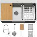 29.5x17.7In Kitchen Sink Workstation-Stainless Steel Drop In Single Bowl Double-Ledge Topmount All-in-one Workstation Sink With Faucet,Colander,SS Grid,Cutting Board,Cup Washer,Soap Dispenser
