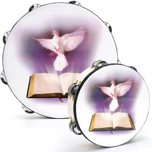 Elsjoy 2 Pack 10" and 8" Dove & Bible Church Tambourine Set, Wooden Hand Held Percussion Tambourine with Double Row Jingles, Percussion Musical Instrument